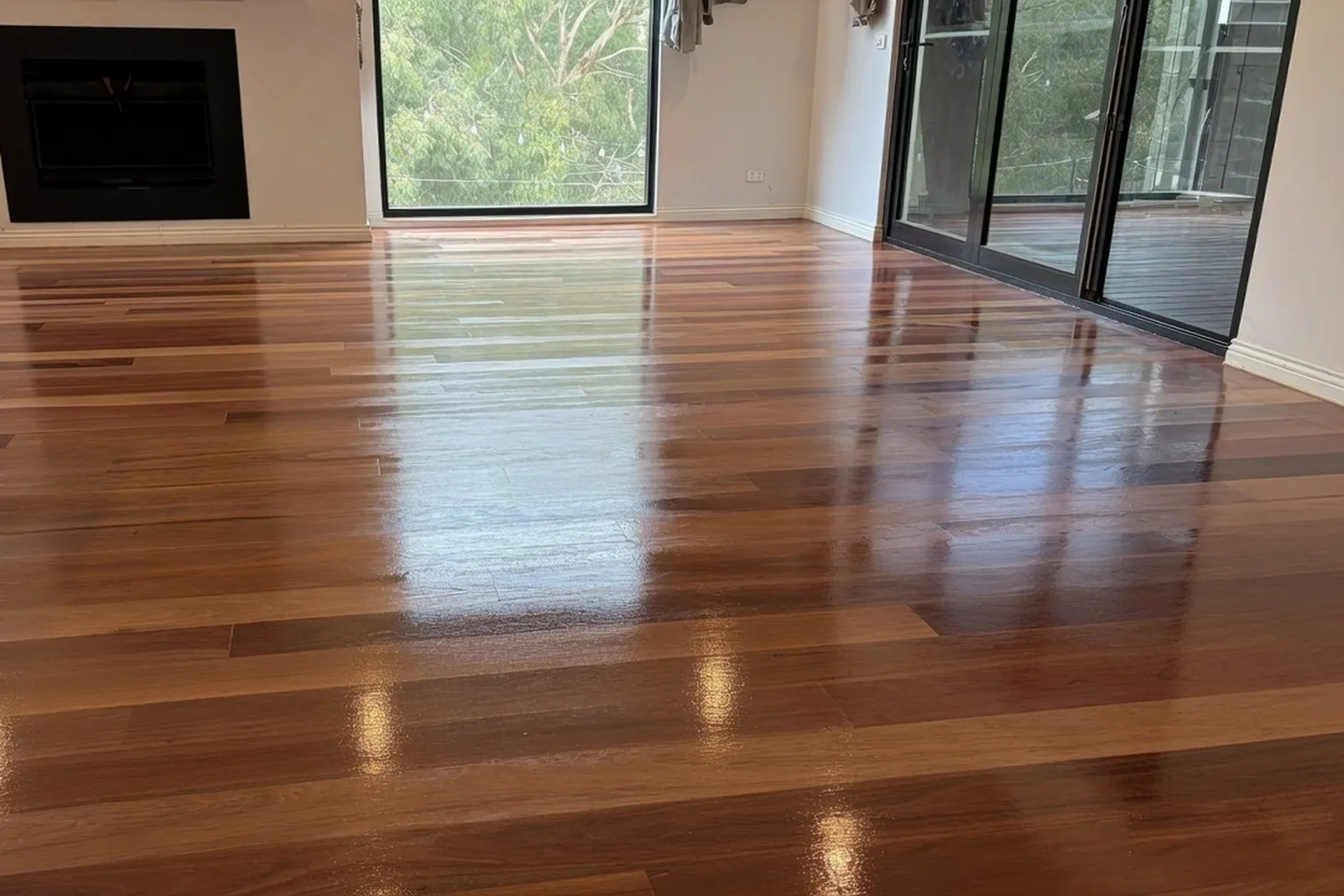 Light along a timber floor sanded, stained and coated by Element One