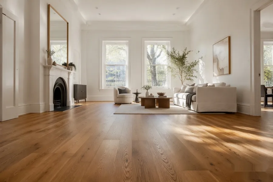 A finished timber floor carrying the light of the room